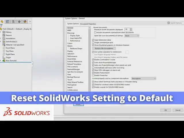 'Video thumbnail for Reset SolidWorks Setting to default | SolidWorks Tutorial | SolidWorks Part Modeling |'