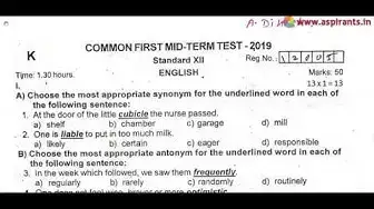 Video thumbnail for 12th English First Mid Term Question Paper 2019-20 | Thiruvannamalai District | Team Aspirants