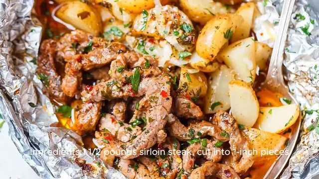 Video thumbnail for Garlic Steak & Potato Foil Packets