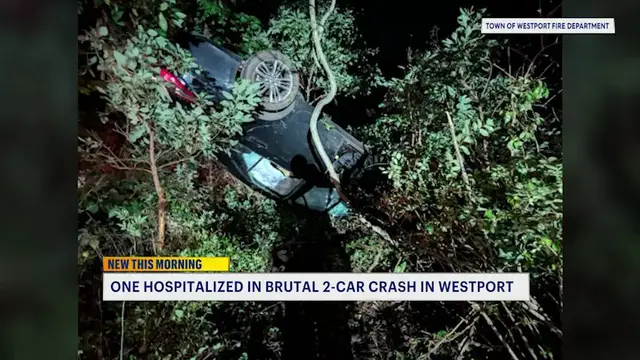 Video thumbnail for Vehicle overturns, ends up in trees following Westport I-95 crash