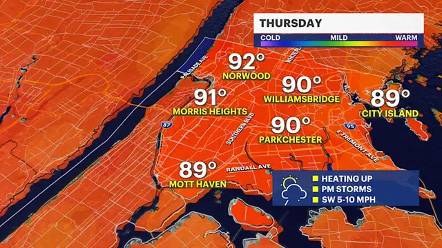 Video thumbnail for Heat & humidity stick around through the next few days with sower chances for The Bronx