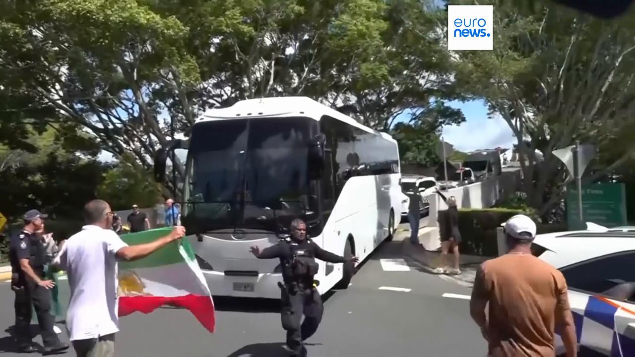 Video thumbnail for Protesters block bus carrying Iranian women’s team in Australia after five players granted asylum