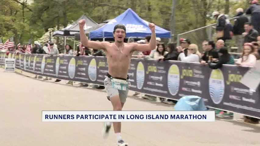 Video thumbnail for Racers cross finish line at Long Island Marathon with smiles