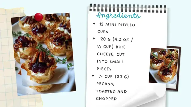 Video thumbnail for Mini Phyllo Cups with Brie, Pecans & Cranberry Drizzle – Bite-Sized, Festive & Irresistible