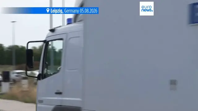 Video thumbnail for German police deploy bomb disposal robot at Leipzig airport after explosive drone found near Ukrainian plane