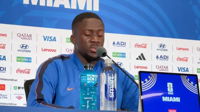 Video thumbnail for US: France defender Ibrahima Konate holds press conference ahead of World Cup third-place playoff against England (2).