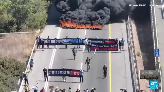 'Video thumbnail for Tens of thousands of Israelis protest for end to Gaza war'
