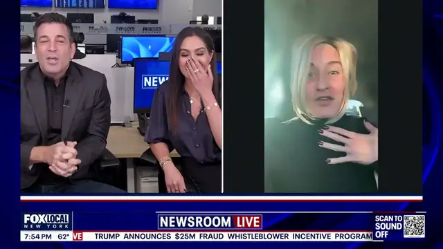 Video thumbnail for Elizabeth Holmes impersonator visits FOX 5 NY