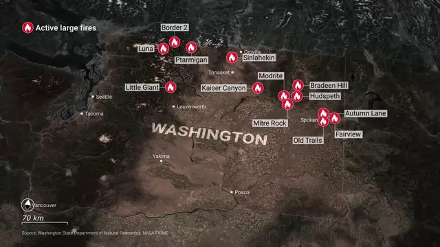 Video thumbnail for US: MOTION GRAPHICS - Over 1,500 firefighters deployed to battle Washington state fires.