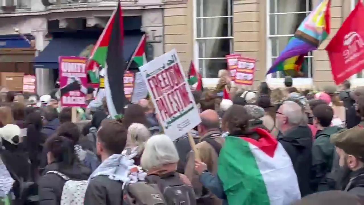 Video thumbnail for UK: Massive March for Palestine Takes Place in The Streets of London.