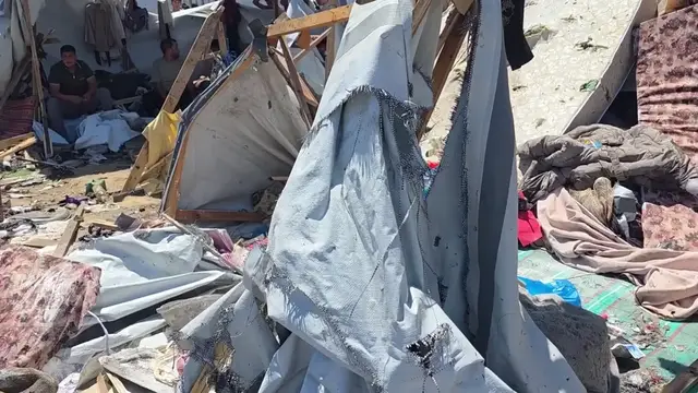 Video thumbnail for Israeli strike leaves devastation at displaced Palestinians' camp in Gaza.