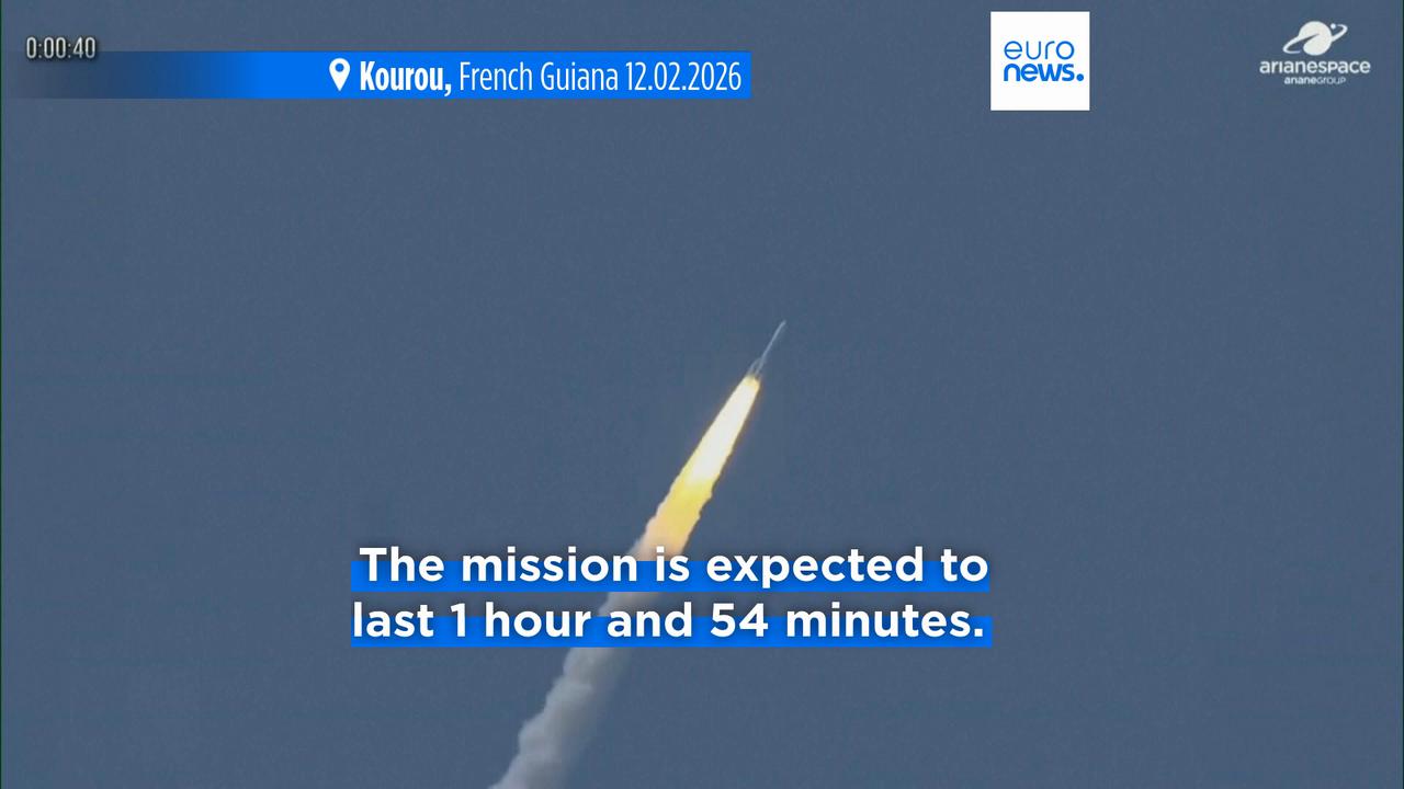 Video thumbnail for Europe's flagship Ariane 6 rocket launches with 32 satellites for Amazon Leo network