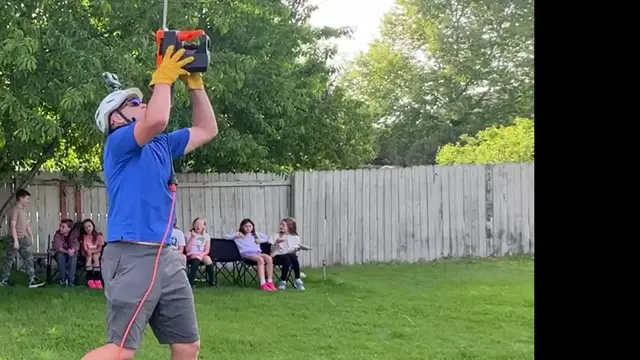 Video thumbnail for Longest duration balancing a running chainsaw on the chin