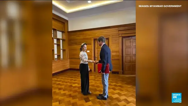 Video thumbnail for Myanmar: Ousted leader Suu Kyi makes rare appearance with Red Cross representative