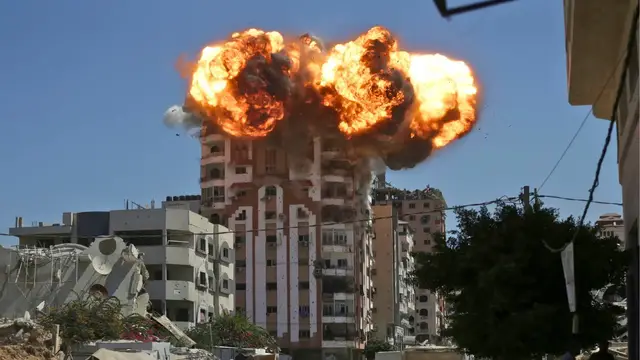 'Video thumbnail for Israeli strikes destroy more buildings in Gaza City, forcing mass displacement'