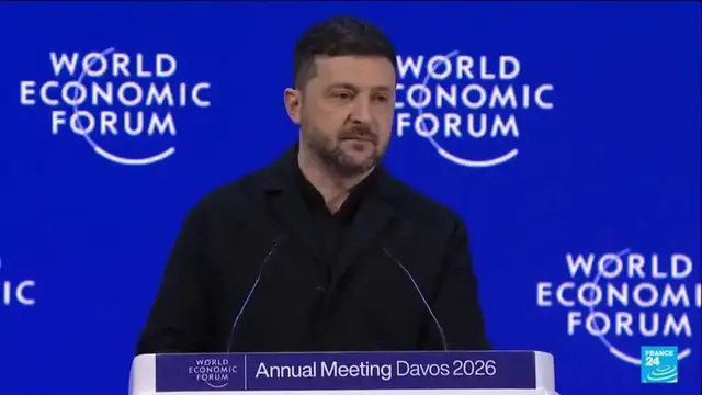 Video thumbnail for In fiery Davos speech, Zelensky blasts EU's lack of "political will"