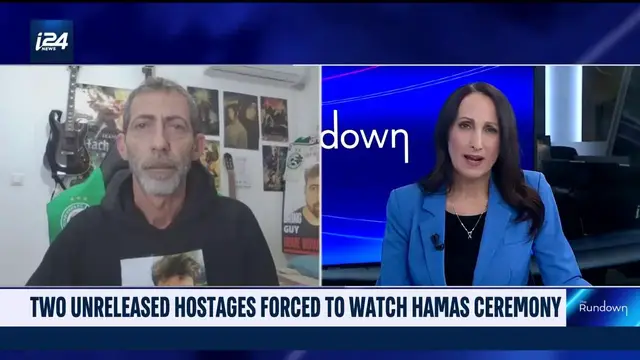 'Video thumbnail for Hostages forces to watch Hamas release ceremony'