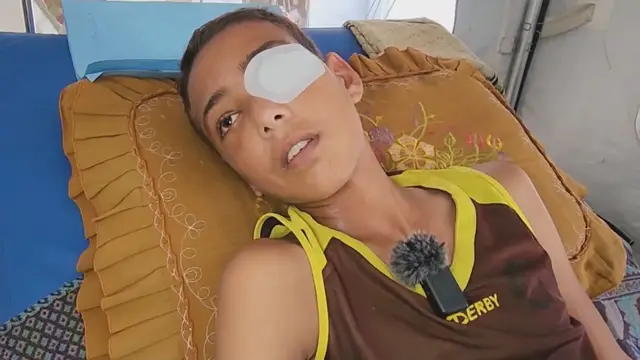'Video thumbnail for Palestinian teen blinded in one eye after being shot while seeking food at Gaza aid centre'