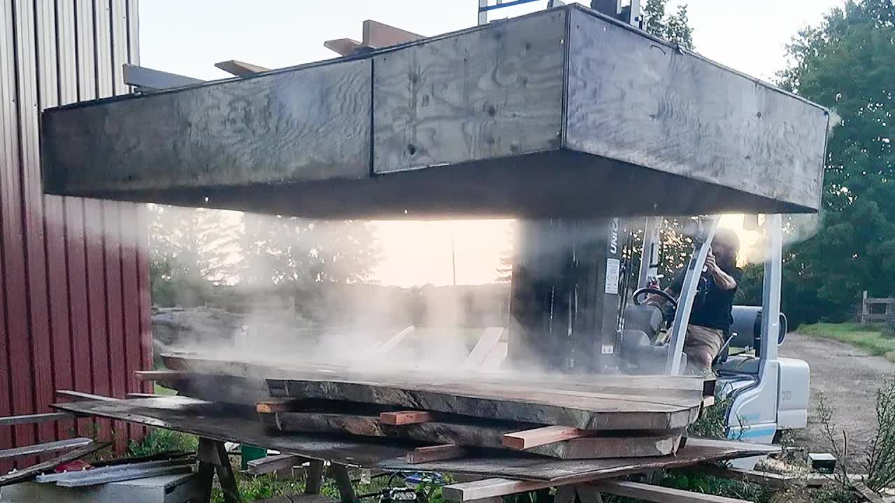 Video thumbnail for Matthew Cremona: steaming wood slabs & shop cleanup with forklift action!