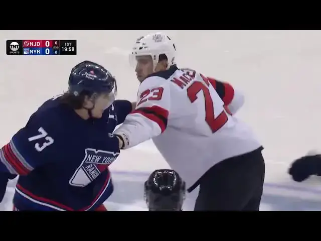 Video thumbnail for streampunksports: rangers vs devils brawl at puck drop; 8 ejected!