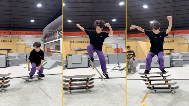 'Video thumbnail for Highest stack of skateboards ollied - 4 by Zhou Zeyan'