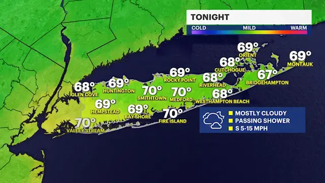 Video thumbnail for Clouds, a few showers overnight on Long Island; pop-up shower chance returns Friday