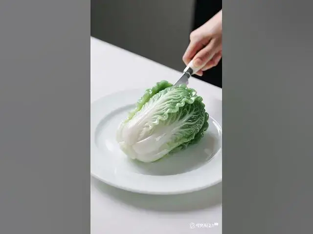 Video thumbnail for 高品质 电影感的慢动作镜头 一把刀正在切割一个由翡翠玉制成的玉白菜 餐刀