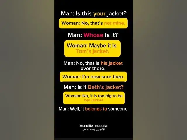 Video thumbnail for Possessive adjectives and pronouns. Practice WHOSE in a question. Use ‘s and verb”belong to” elllo