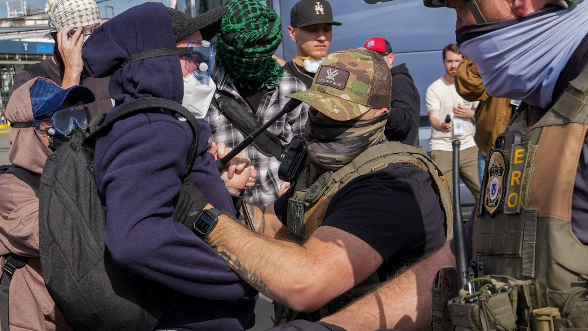 Video thumbnail for ICE agents use pepper spray on protesters outside detention centre