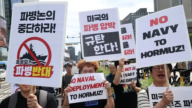 Video thumbnail for South Koreans protest navy expansion near Strait of Hormuz amid Iran war fears