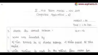 Video thumbnail for 12th Computer Application 2nd MidTerm 2019-20 Model Question Paper-1 | English Medium