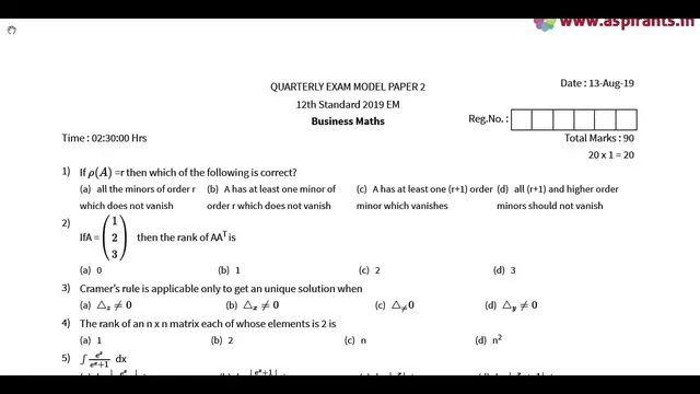 Video thumbnail for 12th Business Maths Quarterly Exam 2019-20 Model Question Paper-2 | Chennai District |English Medium