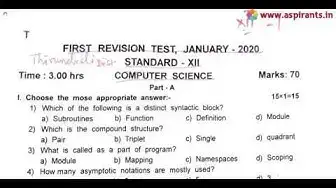 Video thumbnail for 12th Computer Science First Revision Question Paper 2019-20 | Tirunelveli District | English Medium