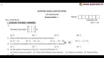 Video thumbnail for 12th Business Maths Quarterly Exam Model Question Paper 2019-20 | Chennai District | English Medium