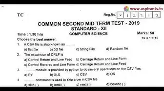 Video thumbnail for 12th Computer Science 2nd MidTerm Question Paper 2019-20 | Trichy District | English Medium