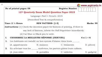 Video thumbnail for 12th French Quarterly Exam 2019-20 Model Question Paper-2 | Chennai District | Team Aspirants