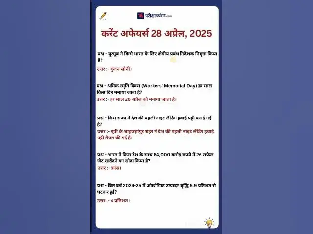 Video thumbnail for 28 April 2025 Current Affairs in Hindi #hindicurrenttaffairs #gkinhindi #dailycurrentaffairsinhindi
