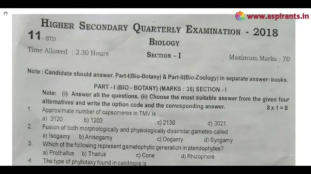 Video thumbnail for 11th Biology Quarterly Exam Question Paper 2018-19 | English Medium | Team Aspirants