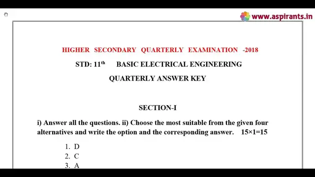 Video thumbnail for 11th Basic Electrical Engineering Quarterly Exam Answer Keys 2018-19 | Salem District | EM