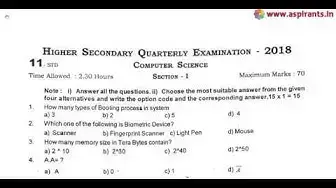 Video thumbnail for 11th Computer Science Quarterly Exam Question Paper 2018-19 | English Medium | Team Aspirants