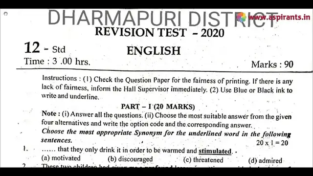 Video thumbnail for 12th English First Revision Question Paper 2019-20 | Dharmapuri District | Team Aspirants