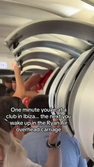 Video thumbnail for Hilarious moment stag party shuts groom-to-be in overhead locker of Ryanair flight back from Ibiza