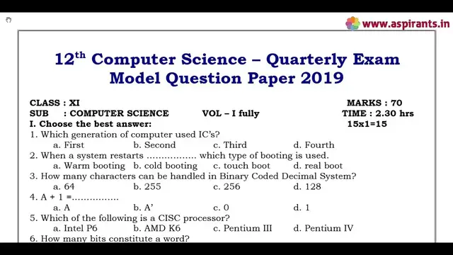 Video thumbnail for 11th Computer Science Quarterly Exam 2019-20 Model Question Paper 2 | English Medium