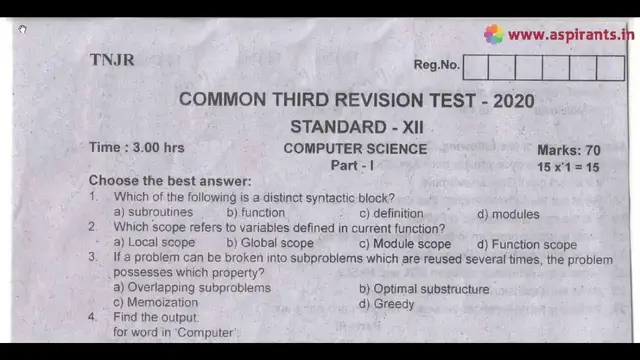 Video thumbnail for 12th Computer Science Third Revision Question Paper 2019-2020 | Thanjavur District | English Medium