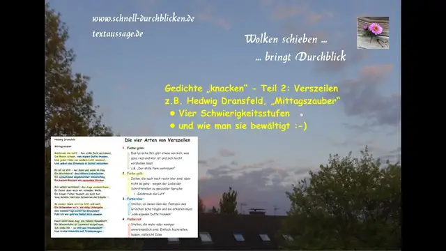 Video thumbnail for Gedichte "knacken" - T2: Verszeilen verstehen; Beispiel Hedwig Dransfeld, "Mittagszauber"