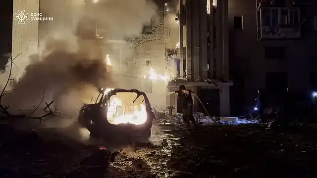 Video thumbnail for New Russian drone strikes hit Ukraine's Sumy region, residents evacuated amid fires