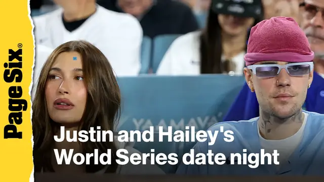 'Video thumbnail for Clean-shaven Justin Bieber joins Hailey to watch Dodgers beat Blue Jays during World Series date night'