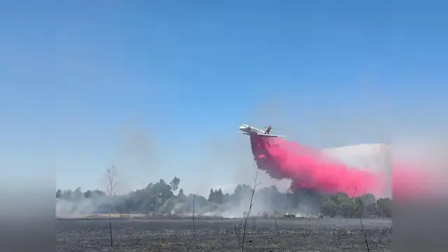 Video thumbnail for US: Pink Fire Retardant Drops As Crews Battle Pine Fire In California.