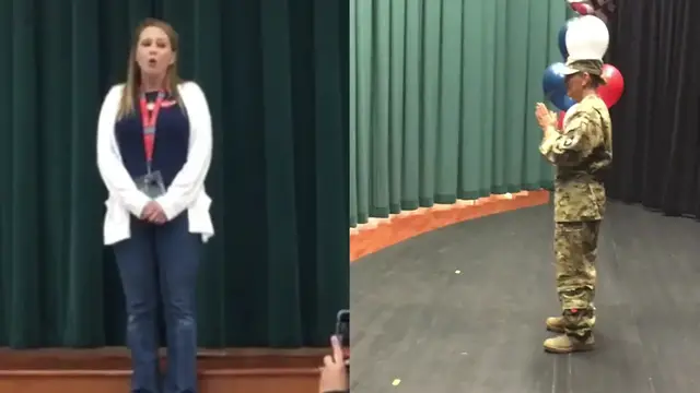 Video thumbnail for Apache Pilot Surprises Son At School | Happily TV