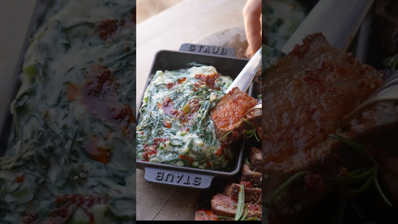 Video thumbnail for Steakhouse Dinner  Cheesy Creamed Greens and Pan Roasted NY Strip Steak